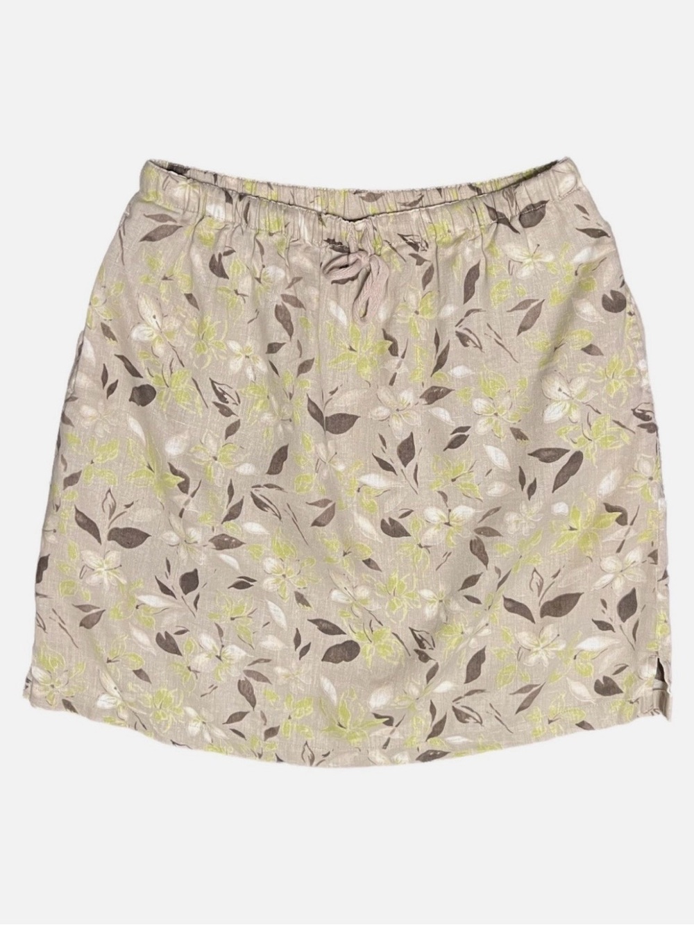 Ann Taylor Beige Linen Mini Skirt with Lime Green and Brown Floral Print Size 2